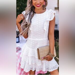 Impressions White Ruffle Eyelet mini dress Open back medium